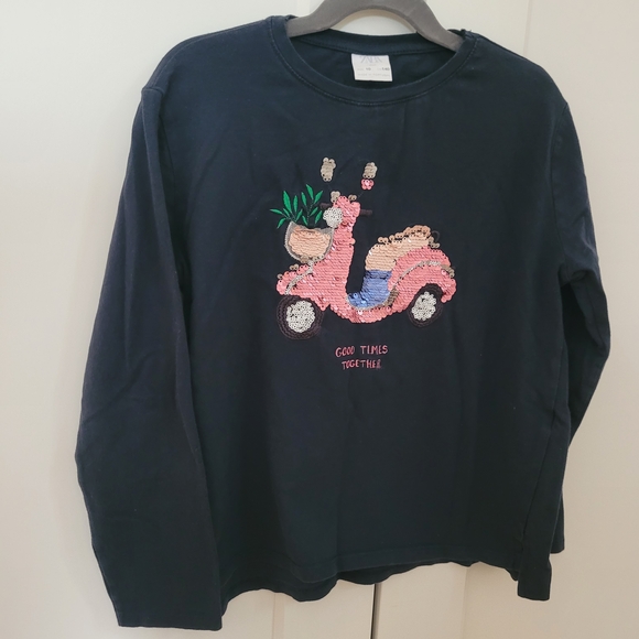 🧸2/20$ Zara Kids Navy Blue Sequin Scooter Long Sleeve Tee Size 10 - Picture 2 of 4